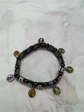 Black Hematite Stretch Charm Bracelet with Religious Images Saints